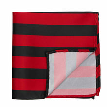 Load image into Gallery viewer, A red and black striped pocket square with the corner flipped up
