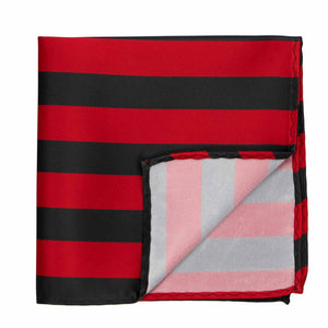 A red and black striped pocket square with the corner flipped up