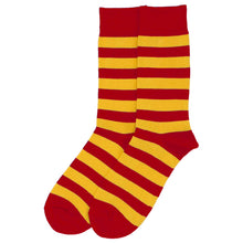 Load image into Gallery viewer, A pair of crew socks with alternating red and golden yellow horizontal stripes, featuring solid red toes, heels, and cuffs, displayed against a plain white background.