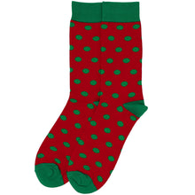 Load image into Gallery viewer, A pair of red and green polka dot socks on a white background