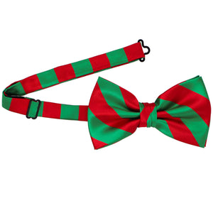A red and green striped bow tie with the band collar open