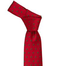 Load image into Gallery viewer, Red knotted tie with green polka dots on a white background
