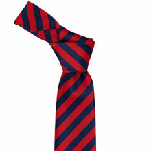Load image into Gallery viewer, Knotted red and navy striped tie on a white background