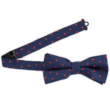 Load image into Gallery viewer, A red and navy blue pre-tied bow tie with the band collar open