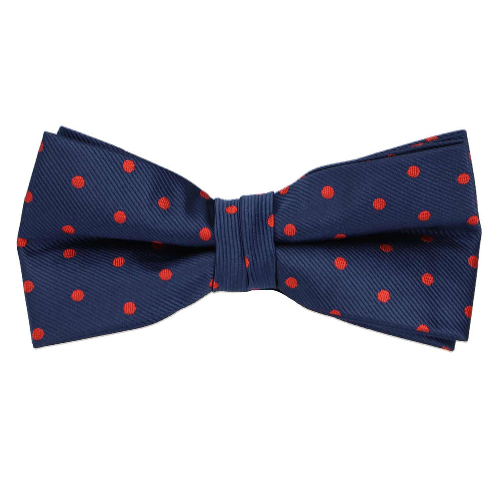 A red and navy blue pre-tied bow tie