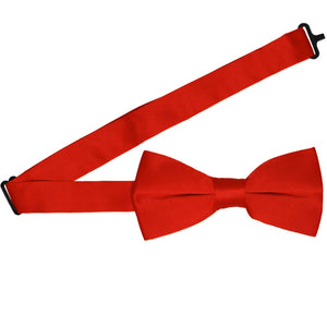 Solid red pre-tied bow tie with the band collar open