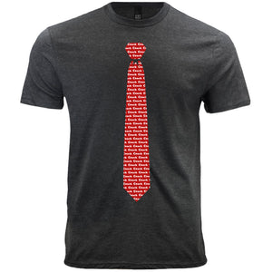 A gray men's t-shirt with a red baseball coach necktie design