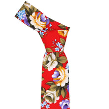 Load image into Gallery viewer, Knotted red floral tie with beige and yellow flowers