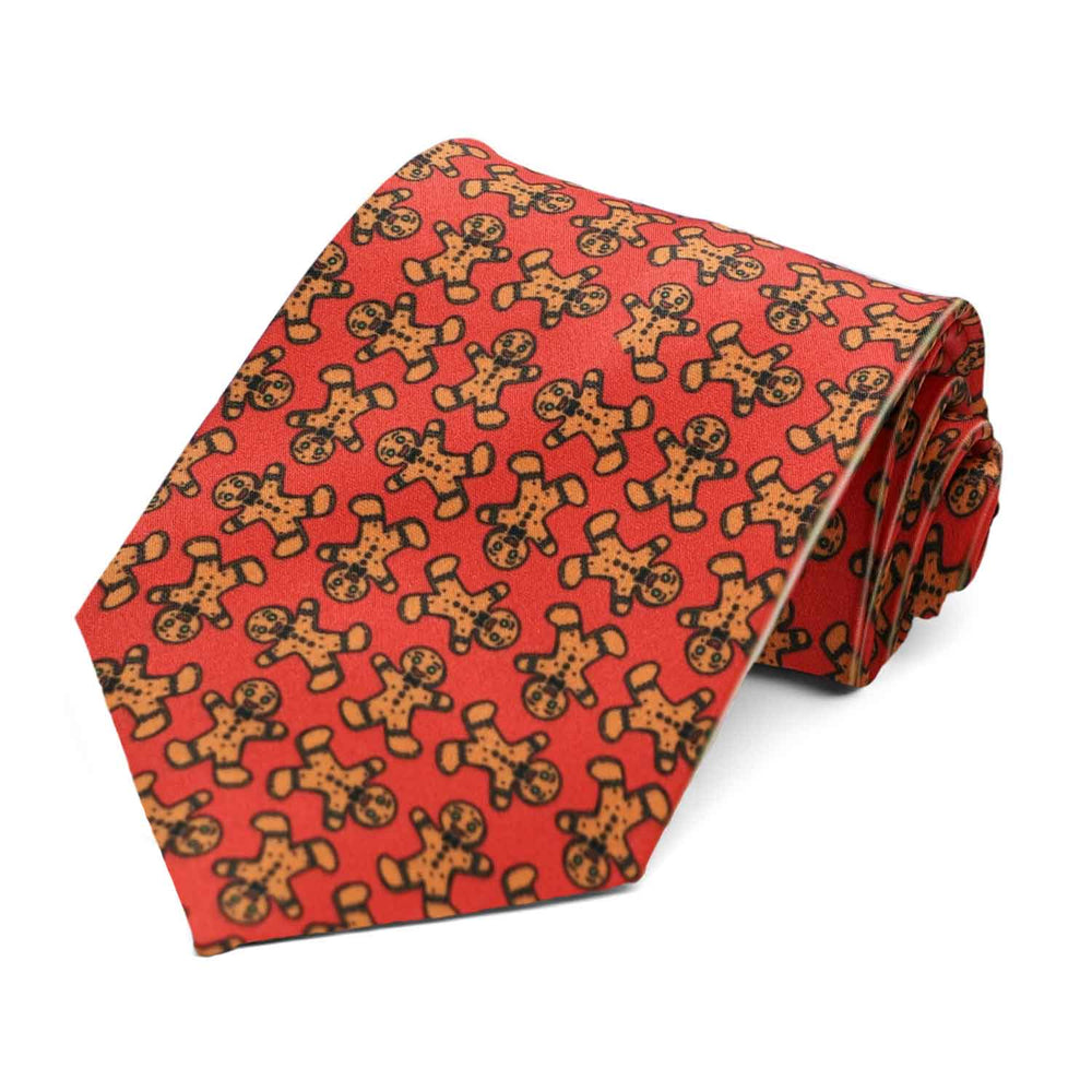 A red tie with a repeated gingerbread man pattern