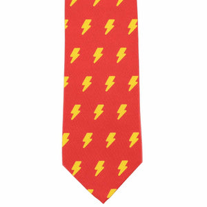 Front view of a red tie with yellow lightning bolts