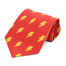 Load image into Gallery viewer, A red tie with yellow lightning bolts, rolled to show off the design