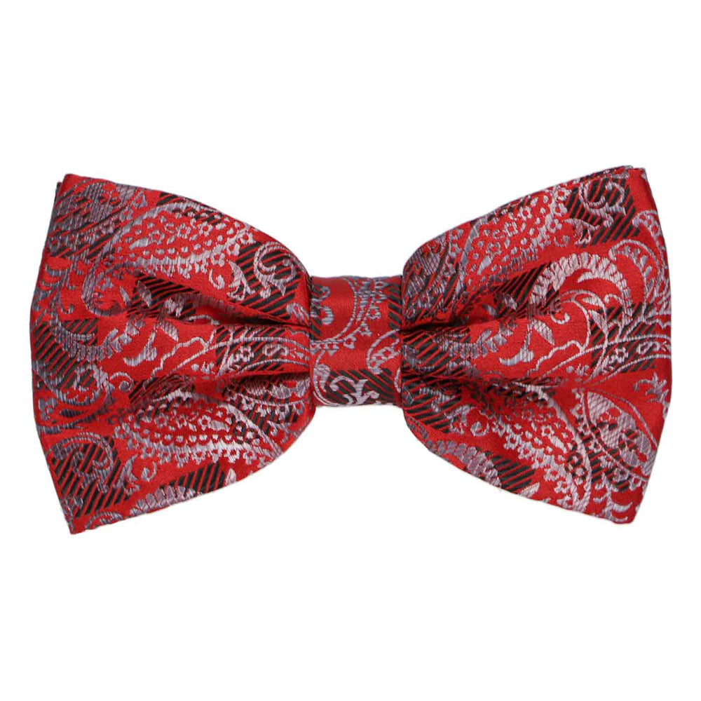 Red pre-tied bow tie featuring a combination of paisley and check patterns in black and silver tones