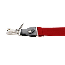 Load image into Gallery viewer, A close-up of a red suspender strap with a black leather and open silver metal clasp, shown against a plain white background.