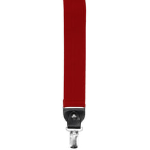 Load image into Gallery viewer, A close-up of a red suspender strap with a black and a silver metal clip, shown against a plain white background.