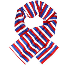 Load image into Gallery viewer, Red, white and blue striped scarf in satin material, with ends crossed