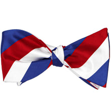 Load image into Gallery viewer, Closeup of the tied bow from a red, white and blue self-tie bow tie