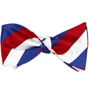 Closeup of the tied bow from a red, white and blue self-tie bow tie