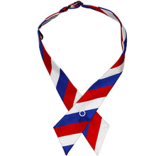 Load image into Gallery viewer, A red, white and blue striped crossover tie with pointed ends.