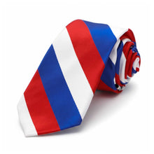 Load image into Gallery viewer, Red, white and blue striped slim tie, rolled to show off length of tie
