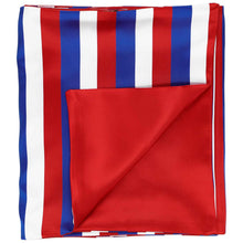 Load image into Gallery viewer, Folded red, white and blue patriotic striped scarf, with an end flipped up to show the solid red back