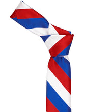 Load image into Gallery viewer, Knot on a red, white, and blue striped slim tie