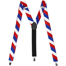 Load image into Gallery viewer, Suspenders with red, white, and blue striped pattern on a white background