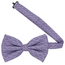 Load image into Gallery viewer, Purple and white cross design bow tie with an open adjustable band collar