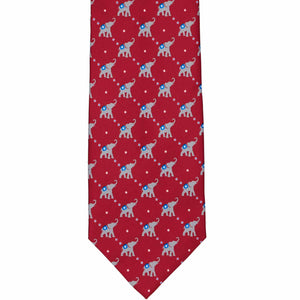 The front of a red republican themed tie with elephants and starts