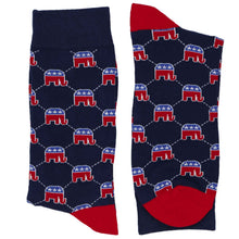 Load image into Gallery viewer, Folded men’s navy crew socks with red and blue Republican elephant pattern, cotton political socks for men