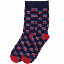 Load image into Gallery viewer, Pair of men’s navy crew socks with red and blue Republican elephant pattern, cotton political socks