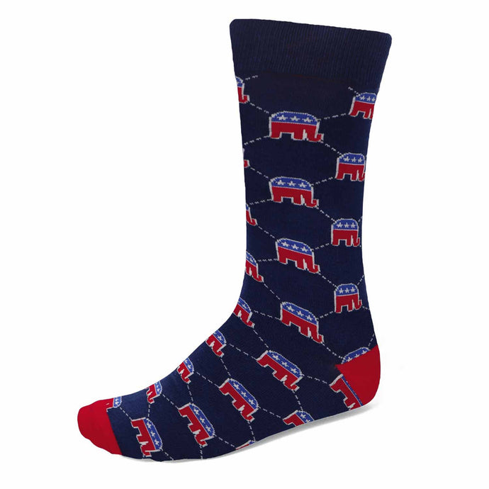Men’s navy crew sock with red and blue Republican elephant pattern, cotton political sock