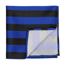 Load image into Gallery viewer, A royal blue and black striped pocket square with the corner flipped up to show the inside