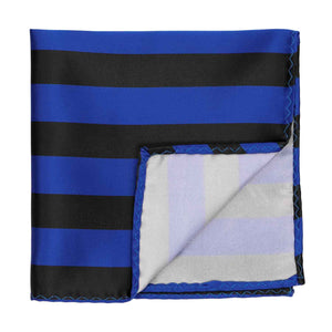 A royal blue and black striped pocket square with the corner flipped up to show the inside