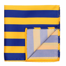 Load image into Gallery viewer, A royal blue and golden yellow striped pocket square with the corner flipped up to show the backside
