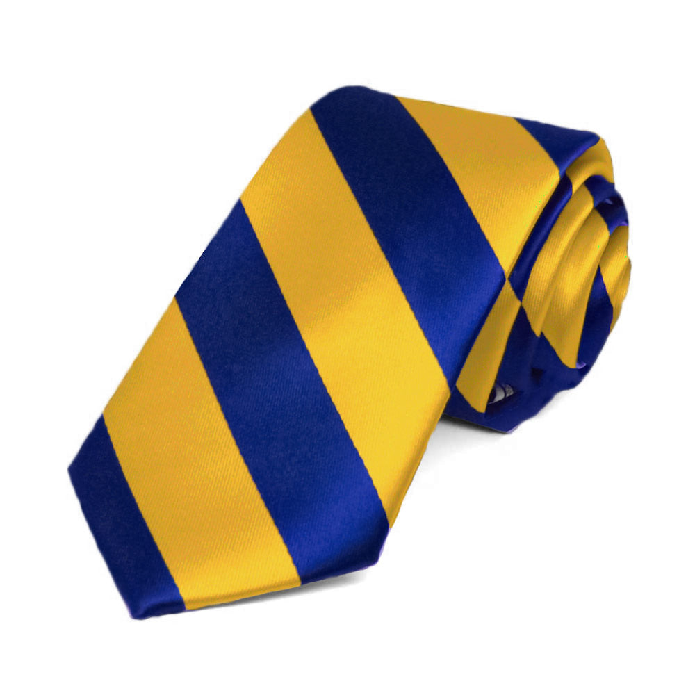 A royal blue and golden yellow striped slim tie, rolled to show off the front