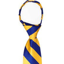 Load image into Gallery viewer, A closeup of a knot on a royal blue and golden yellow striped zipper tie