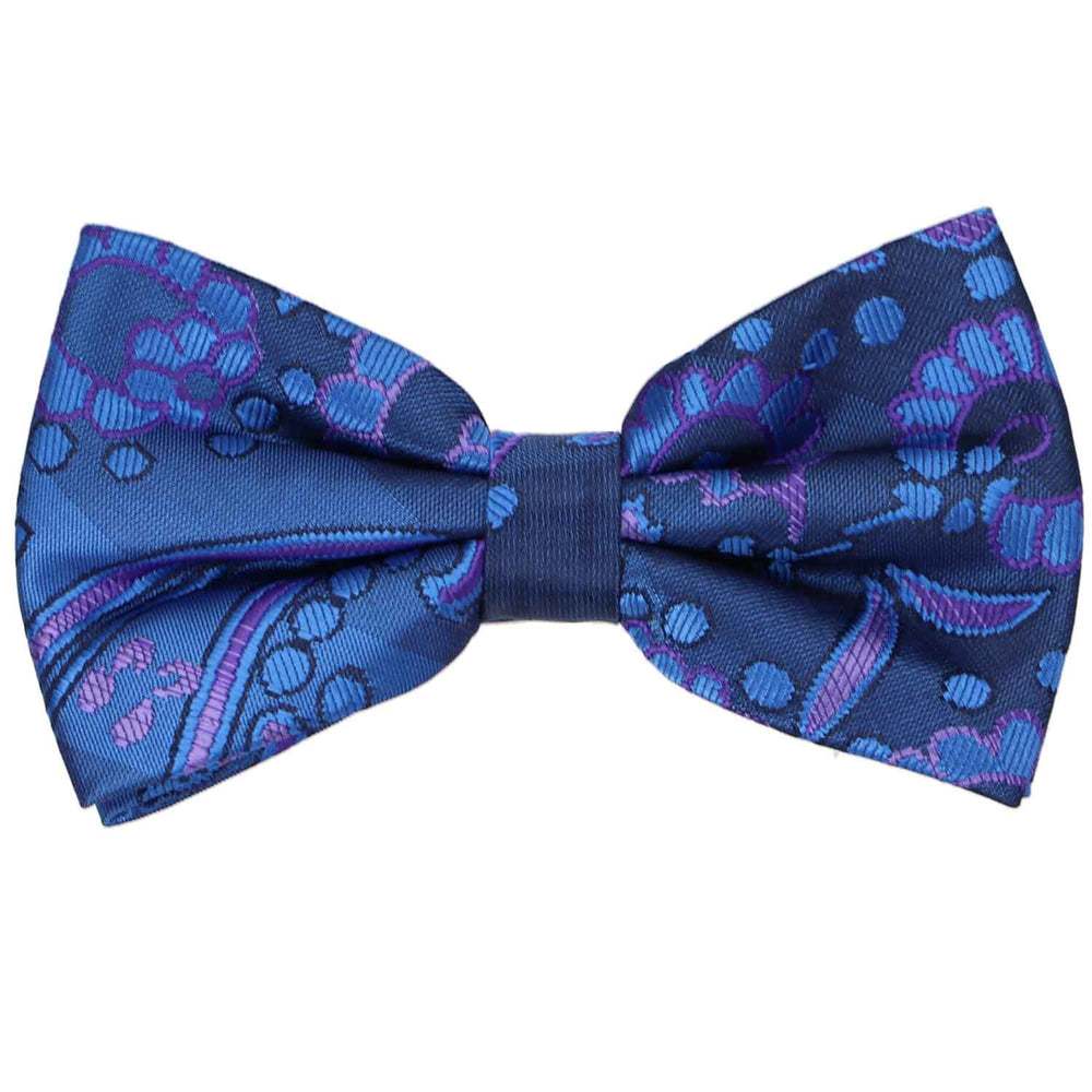 A unique royal blue and purple large paisley pattern pre-tied bow tie