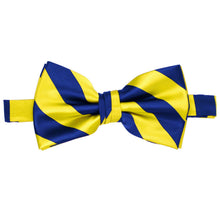Load image into Gallery viewer, Royal blue and yellow striped band collar bow tie with band closed
