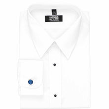 Load image into Gallery viewer, Royal blue floral pattern fabric cufflinks on a white dress shirt.