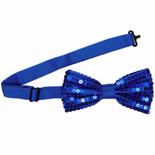 Load image into Gallery viewer, A royal blue sequin bow tie with the band expanded
