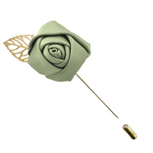 Load image into Gallery viewer, Sage flower lapel pin with the stick pin open to show how it secures