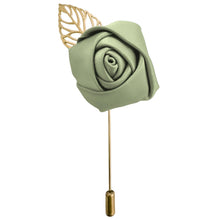 Load image into Gallery viewer, Sage flower lapel pin with a gold metal leaf and stick pin