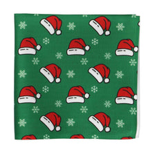 Load image into Gallery viewer, Green pocket square with red Santa hats and white snowflakes