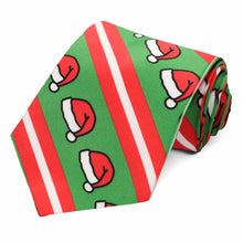 Load image into Gallery viewer, A red, white and green striped necktie featuring Santa hats.