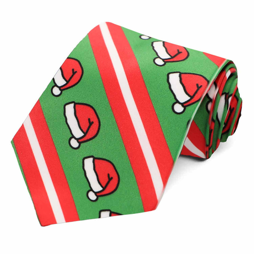A red, white and green striped necktie featuring Santa hats.