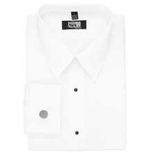 Load image into Gallery viewer, Silver round cufflink on a white tuxedo shirt