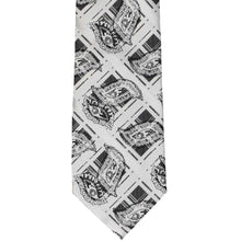 Load image into Gallery viewer, Black and silver paisley patterned tie front on a white background