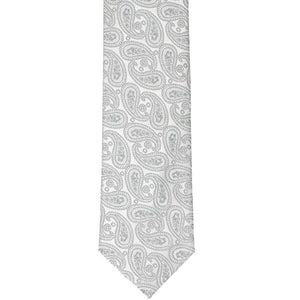 The front of a silver paisley slim tie, laid flat
