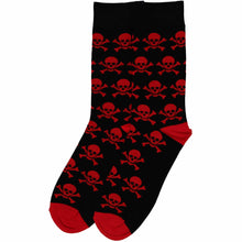 Load image into Gallery viewer, Pair of men’s black crew socks with red skull and crossbones pattern, punk novelty cotton socks