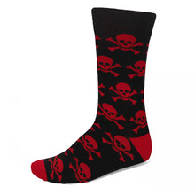 Load image into Gallery viewer, Men’s black crew sock with red skull and crossbones pattern, cotton punk novelty sock